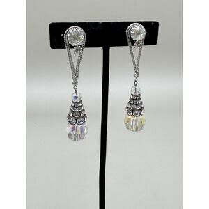 Vintage Art Deco Clear Rhinestone Aurora Borealis Pendulum Silver Tone Earrings